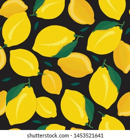 Lemon fruits seamless pattern on black background. Grapefruit citrus fruit vector illustration.