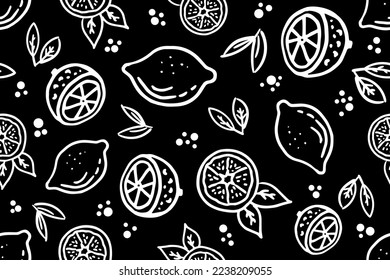 Lemon fruits seamless pattern on black background