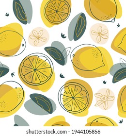 Lemon fruits seamless pattern. Stylized lemons with leaves and flowers. Summer background in Trendy colors. Vector