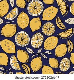 Frutas de limón sin patrón. Patrón con frutas tropicales. Diseño de impresión de moda para papel de embalaje, textil, embalaje, tela, decoración del hogar, superficie. Vector. No es IA