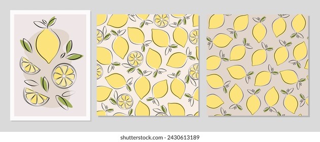 Lemon fruits set in flat design. Poster and seamless pattern with lemon for  fabric, cards, wallpaper in boho style.