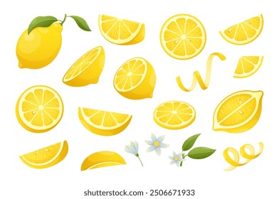 Lemon fruits set. Vector set of whole and cut fresh lemon with leaves, ripe yellow slices citrus, flowers. Healthy vegan food. Organic food product for lemonade, juice, vitamin c, jam, package, web