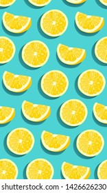 Lemon fruits slice seamless pattern on green blue background. citrus fruits vector illustration.
