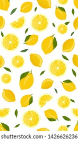 Lemon fruits and slice seamless pattern with leaves on white background. citrus fruits vector illustration.