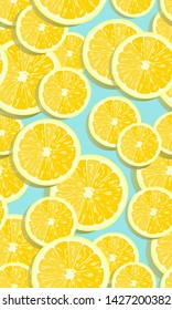 Lemon fruits slice seamless pattern overlapping on blue background with shadow. citrus fruits vector illustration.