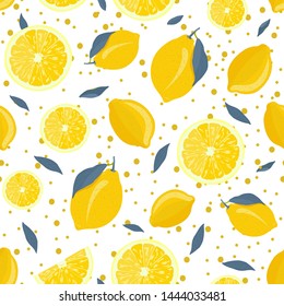 Lemon fruits and slice seamless pattern with gray leaves and dot on white background. citrus fruits vector illustration.