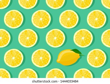 Lemon fruits slice seamless pattern on green background with shadow. Citrus fruits vector illustration.