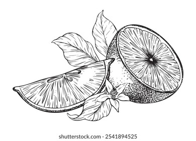 Frutos de limão, fatias de limão, flores e folhas. Composição de meio limão. Ilustração de vetor desenhada à mão. Preto e branco Esboço de citrinos. Isolado no fundo branco para menu, pacote