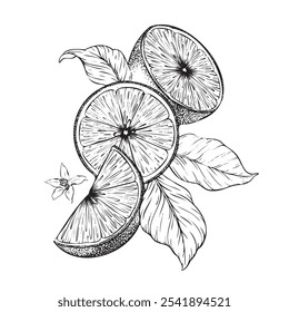 Lemon fruits, Slices and half of Lemons, flowers and leaves. Hand drawn vector illustration. Black and white Sketch of citrus Isolated on white background. Composition for menu, package, cosmetic