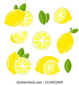 Lemon fruits with slices and leaves. Vector graphic design elements.