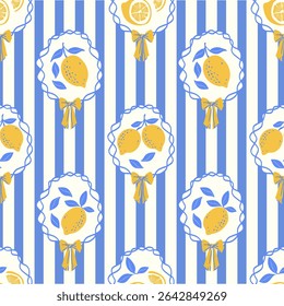 Lemon fruits summer seamless pattern. Hand draw lemons in ribbon frame with bow. Sketch drawing. Vector illustrations in ink line doodle sketch images for fabric, wrapping paper.