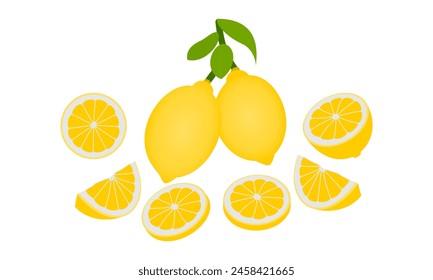 lemon fruits vector set with different slice. flat design vector illustrations isolated on white background.