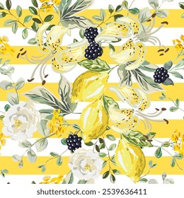 Zitronenfrüchte, gelbe Lilienblumen, Rosen, grüne Blätter, Brombeeren, gestreifter Hintergrund. Vektorgrafik. Nahtloses Muster. Sommerdesign