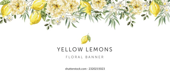 Lemon fruits, yellow roses, green leaves, daisy flowers, white background. Banner template with text. Vector illustration. Floral arrangement. Summer border design 