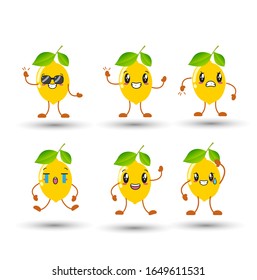 Lemon funny characters. Fresh fruits emotions sadness joy surprise and various poses. Vector mascot yellow lemon with happy face. Illustration of fruit fresh lemon isolated on white