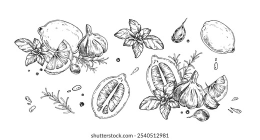 Lemon, garlic, basil, rosemary and pepper hand drawn ink compositions isolated on white background. Vector set os black and white illustration.Elements for food label design