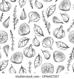 Lemon, garlic, thyme and basil leaves seamless pattern. Spices and herbs graphic elements vintage illustration.