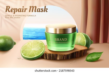 Lemon gel mask ad. 3D Illustration of green cosmetic jar on tree stump stage with cut lemons. Ocean view seen through from half circle cutout behind light brown wall.