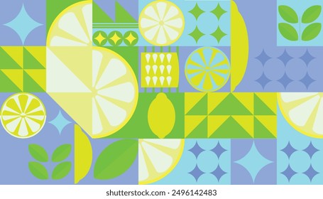 Lemon geometric background. Vector minimalist style pattern. Bauhaus trend. Abstract illustration of lemon, leaves, symbols. Simple icon.