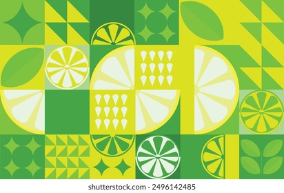Lemon geometric background. Vector minimalist style pattern. Bauhaus trend. Abstract illustration of lemon, leaves, symbols. Simple icon.