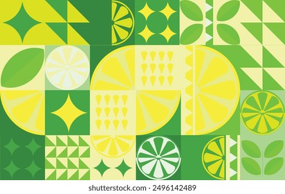 Lemon geometric background. Vector minimalist style pattern. Bauhaus trend. Abstract illustration of lemon, leaves, symbols. Simple icon.