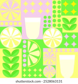 Lemon geometric background. Vector minimalist style pattern. Bauhaus trend. Abstract illustration of lemon, leaves, symbols. Simple icon.
