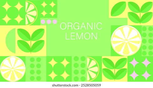 Fundo geométrico do limão. Padrão de estilo minimalista de vetor. Tendência Bauhaus. Ilustração abstrata de limão, folhas, símbolos. Ícone simples.