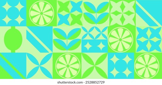 Lemon geometric background. Vector minimalist style pattern. Bauhaus trend. Abstract illustration of lemon, leaves, symbols. Simple icon.