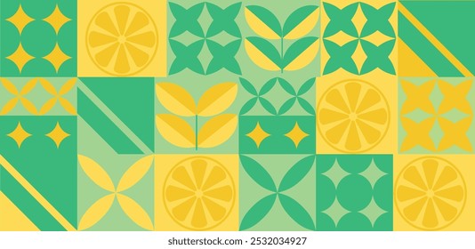 Fundo geométrico do limão. Padrão de estilo minimalista de vetor. Tendência Bauhaus. Ilustração abstrata de limão, folhas, símbolos. Ícone simples.