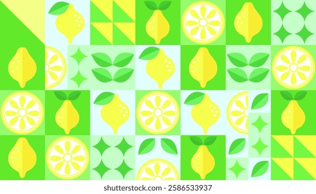 Lemon geometric background. Vector minimalist style pattern. Bauhaus trend. Abstract illustration of lemon, leaves, symbols. Simple icon.
