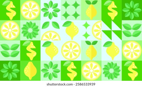 Lemon geometric background. Vector minimalist style pattern. Bauhaus trend. Abstract illustration of lemon, leaves, symbols. Simple icon.