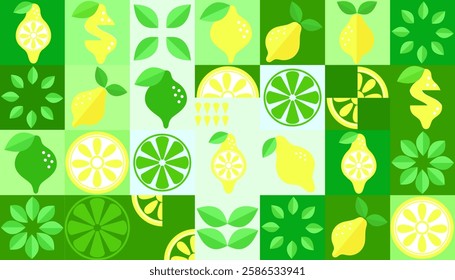 Lemon geometric background. Vector minimalist style pattern. Bauhaus trend. Abstract illustration of lemon, leaves, symbols. Simple icon.