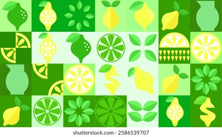Lemon geometric background. Vector minimalist style pattern. Bauhaus trend. Abstract illustration of lemon, leaves, symbols. Simple icon.