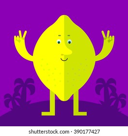 Lemon gesturing victory. Flat style vector illustration . Funny cartoon character