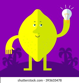 Lemon get the idea holding bulb. Flat style vector illustration . Funny cartoon character