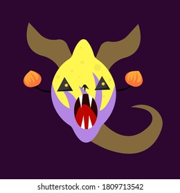 Lemon ghost mystical cartoon character holding flames. Object on a dark purple background. halloween and mysticism concept