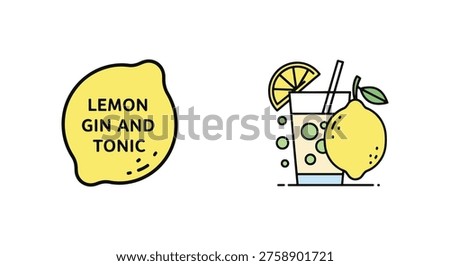 Lemon Gin and Tonic Line art minimal vivid abstract color vector