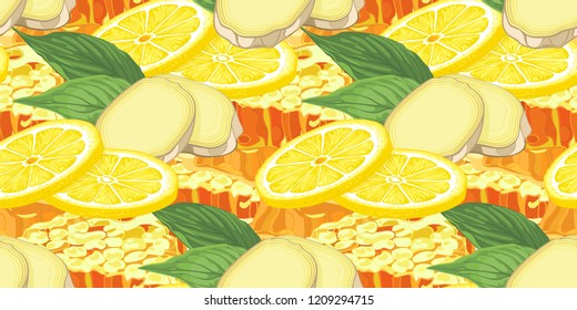 Lemon, ginger and honey comb seamless pattern. Citrus fruit, ginger and honey  background. Elements for menu, greeting cards, wrapping paper, cosmetics packaging, posters etc