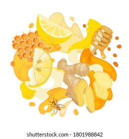 Lemon, ginger and honey on abstract background. Vector illustration