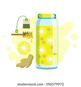 Lemon, Ginger, Honey And Tea Smoothie, Non-Alcoholic Fresh Cocktail In A Glass And The Ingredients For It Vector Illustration