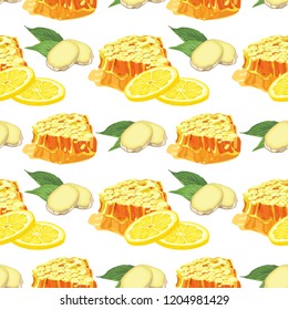Lemon, ginger and honeycomb seamless pattern. Citrus fruit, ginger and honey  background. Elements for menu, greeting cards, wrapping paper, cosmetics packaging