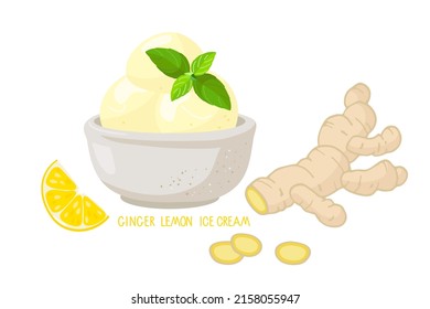 Lemon Ginger Ice Cream with mint leaves. Ice Bowl with Homemade Ice Cream Balls, lemon slice, Cut Ginger root isolated on white background. Delicious frozen dessert. Flat Vector Illustration.