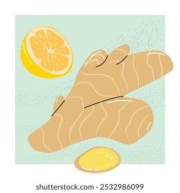 Lemon and ginger root. modern trend concept illustration of a vitamin drink made from lemon with ginger. Asian spicy tea .Organic fresh food illustration for menu, cafe, restaurant, poster, banner, AD