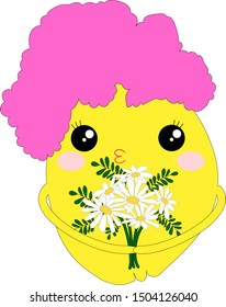 lemon girl in a pink wig with a bouquet of camomiles