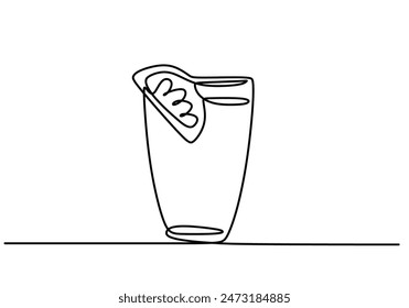 Lemon glass filled with ice cubes and lemon decoration on rim of glass continuous line drawing. Bar and restaurant concept. Vector illustration minimalist design hand drawn.