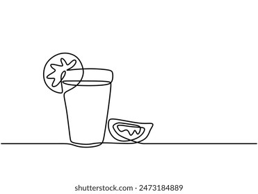 Lemon glass filled with ice cubes and lemon decoration on rim of glass continuous line drawing. Bar and restaurant concept. Vector illustration minimalist design hand drawn.