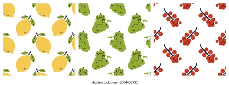 Limón, uva y grosella roja. Conjunto de patrones sin fisuras de fruta. Colección de ilustraciones de color con estilo dibujado a mano. Conjunto de fondo de repetición del vector