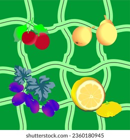 lemon, grapes and cherries lie on the table