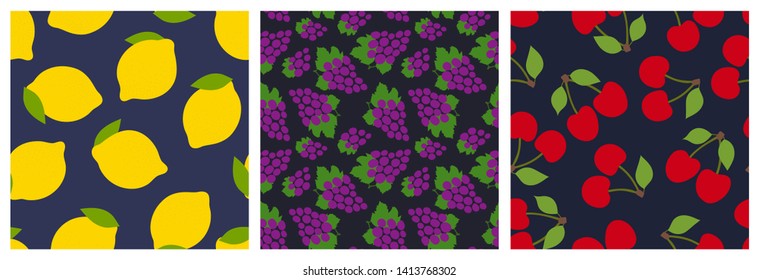 Lemon, grapes and cherry. Fruit seamless pattern set. Fashion design. Food print for clothes, linens or curtain. Hand drawn vector sketch. Exotic background collection