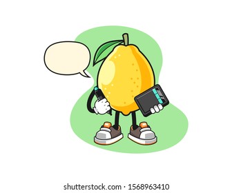 Lemon graphic designer with speech bubble cartoon. Mascot Character vector.